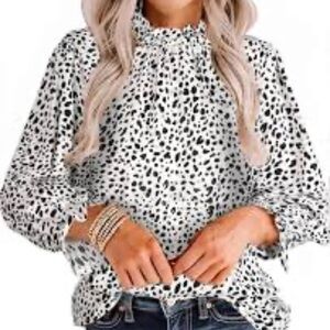 Avanova Women Polka Dot Long Sleeve Blouse Shirts Work Mock Neck Ruffle Top